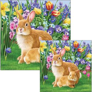 Ambiente servetten - Konijnen met voorjaarsbloemen - 2 pakjes 33x33cm en 25x25cm - groen bruin paars geel roze - Pasen