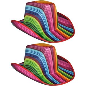 2x stuks gekleurde gestreepte cowboyhoed - Carnaval verkleed  hoeden regenboog kleuren