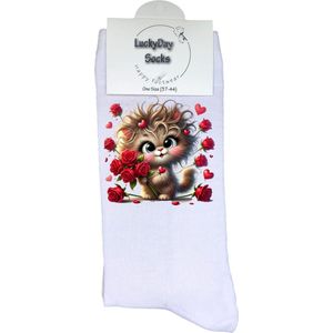 Poes - Rozen - Opkikker - Grappige sokken - Valentijn cadeau - Verjaardag cadeau - Sint cadeau - Leuke sokken - Verliefd - Vrolijke sokken - Cadeautje - Grappig cadeau - Bruiloft - Kerstcadeau - Vaderdag - Moederdag - Kat - Socks maken Happy - 37-44
