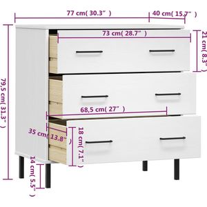 vidaXL OSLO Houten Dressoir - 77x40x79.5cm - Wit - Massief grenenhout/metaal - 3 lades - Commode