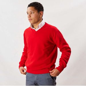 Osborne Knitwear Trui met V hals - Sweater heren in Lamswol - Pullover Heren - Tartan Scarlet - L