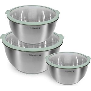 Roestvrijstalen mengkom - Set van 3 kommen met deksel - Antislip keukenschalen - Mintgroen Schalen set