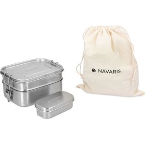 Navaris RVS broodtrommel 3 stuks - 3-delige set - Meal prep bakje - Vershouddoos - Dubbele lunchbox - Vaatwasbestendig