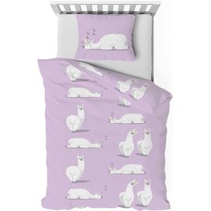 Flanellen Lama beddengoed, 135 x 200 cm, katoen, paars/violet, schattig alpaca-beddengoed, 135 x 200 cm, paars, behaaglijk beddengoed voor meisjes