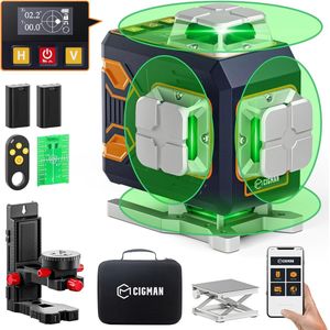 4x360° Laserwaterpas met Afstandsbediening en APP-Bediening - Groene Zelfnivellerende Kruislijnlaser voor Bouw en Schilderij Ophangen, 4D Verticale/Horizontale Lijn