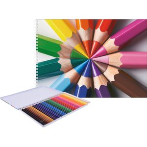 A4 multi-colors thema print schetsboek/ tekenboek wit papier met 36 kleurpotloden