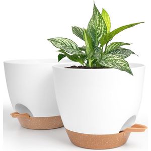 Zelfwaterende Plantenpotten 20 Cm [2 Pak] - Wit & Bruin - Ideaal voor Binnen- en Buitenplanten met Drainage Gaten en Waterreservoir