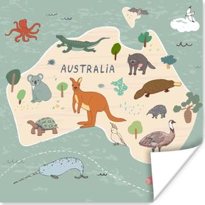 Wereldkaart kinderen - Dieren - Australië - Jongens - Blauw - Kids - 30x30 cm - Poster