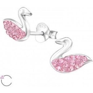 Oorbellen meisje | Zilveren kinderoorbellen | Zilveren oorstekers, zwaan met roze Swarovski kristallen