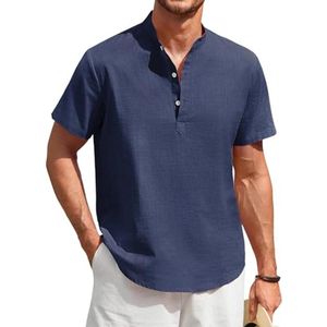 Katoenen Linnen Herenshirt Korte Mouwen Henley Casual Zomer