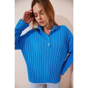 Happiness Istanbul Lage mouw Basis Blauwe corduroy gebreide damessweater met coltrui MT00108