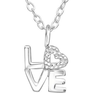 Joy|S - Zilveren Love met hartje hanger met ketting 45 cm - Valentijn