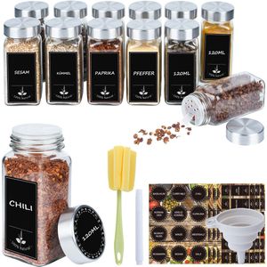 Aufun 12 Glazen Kruidenpotjes Vierkante Set met Roestvrije Dtalen Deksel – Kruidenstrooier – Glazen Potjes met Deksel - Complete Set incl Kruiden Stickers, Schoonmaakborstel, Zeef– Inhoud 120 ml