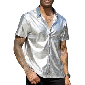 Heren shirt korte mouwen SILVER - Party blouse Zilver - Katoen en Polyester - Feest - Festival - Hoge kwaliteit - Glanzend