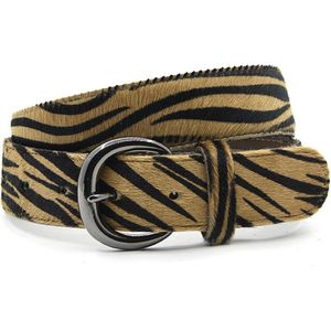 A-Zone Dames riem lichtbruin/zwart zebra hair-on - dames riem - 4 cm breed - Zwart / Beige - Echt Leer / Pony Skin - Taille: 90cm - Totale lengte riem: 105cm