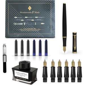 Kalligrafie Pen Gift Set, Inclusief Inktfles, 6 Inktcartridges, Inkt Refill Converter, 6 Vervangende Penpunten, Premium Pakket, Journaling, Gladde Schrijfpennen [Zwart Goud]