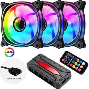 ARGB Fan x 3 - 120mm PWM Fans Black Frame - Ventilatorhuis - 3 Pack - ARGB Ventilator 120mm - 40,94 CFM - 600~1600 RPM - 27,2 dB(A) - 4-pin PWM - Zero-RPM - Zwart