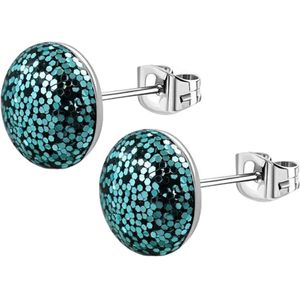 Aramat jewels - Ronde glitter oorbellen blauwgroen staal 8mm-Glitter oorstekers - oorknopjes -oorbellen staal - RVS oorbellen - 8mm oorbellen - dames oorbellen - Groen/blauwe oorbellen - oorbelletjes- cadeau - verjaardag