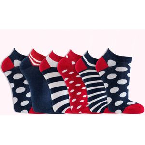 Dames sneakersokken | no show sokken | enkelsokken | 6 paar | blauw, rood en wit printjes | hoogwaardig katoen