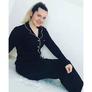 Katoen Dames 2- Delige -Pyjama- Luxe Pyjamaset- Nachtkleding Zwart Maat XXL