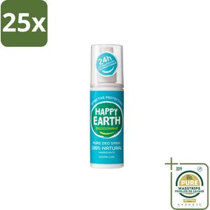 25 x Happy Earth – Deodorant Spray – 100% Natuurlijk Cedar Lime – 100 ml - Grootverpakking - Ceder Lime Deodorant - Natuurlijke Deodorant Spray - Vegan Deodorant - Anti-Geur Spray - Geur Ceder Lime