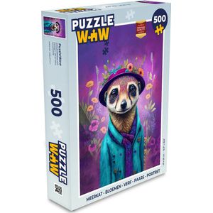 Puzzel Meerkat - Bloemen - Verf - Paars - Portret - Stokstaartje - Legpuzzel - Puzzel 500 stukjes