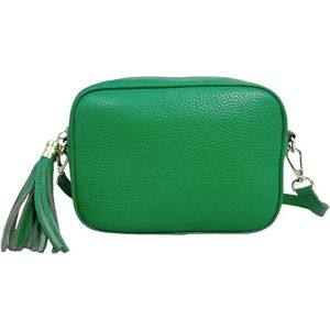 Groene Leren Camera Tas Tassle - Trendy Leren Schoudertassen met kwastje - Goud beslag - Italiaans Leder - Groen