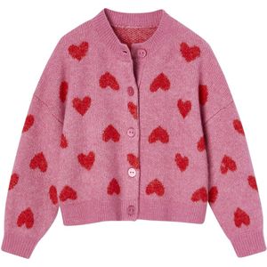 Jacquard - Meisjesvest - Oudroze - Hartjesmotief - Lange Mouwen