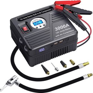 Jumpstarter Met Compressor - Ook Voor Diesel - 3000A - 12V - USB Oplaadpoorten - LED - Jumpstarters - Jumpstarter voor Auto - Starthulp - Jumpstarter voor Diesel