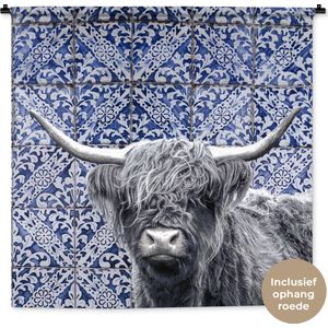 Wandkleed - Wanddoek - Schotse hooglander - Delfts blauw - Zwart - Wit - 120x120 cm - Wandtapijt