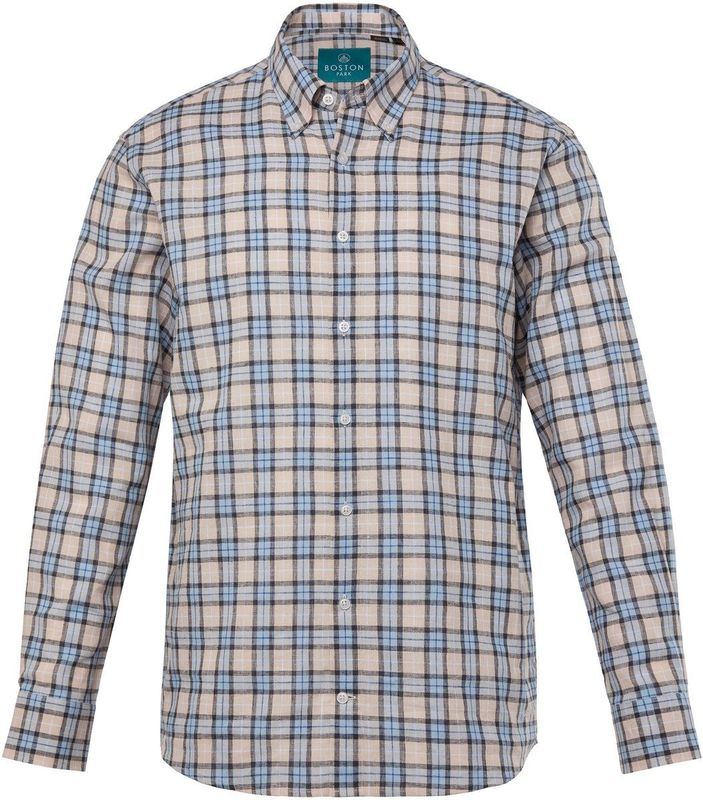Boston Park - Heren - Boston Park ruitenshirt van een linnenmix lange mouwen - Lichtbeige - Maat 3XL