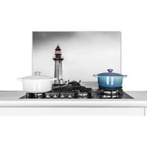Spatscherm keuken 60x40 cm - Kookplaat achterwand Zwart-wit foto van een vuurtoren in het westen van Vancouver - Muurbeschermer - Spatwand fornuis - Hoogwaardig aluminium