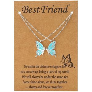 Bixorp Friends BFF Ketting voor 2 met Vlinders - Blauw aan Zilverkleurig Koord - Cadeau voor Haar / Dames / Vriendin / Mama / Vrouwen- Best Friends  voor Twee