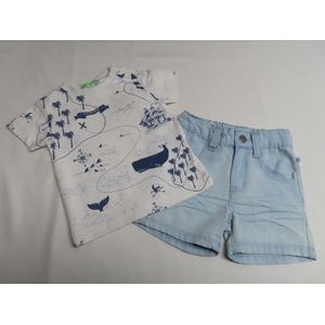 Ensemble - Jongens - T shirt off white met blauw en een jeans shortje - 1 jaar 80