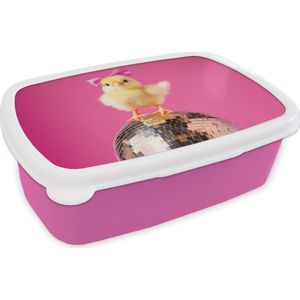 Broodtrommel Roze - Lunchbox Discobal - Kuiken - Strik - Brooddoos 18x12x6 cm - Brood lunch box - Broodtrommels voor kinderen en volwassenen