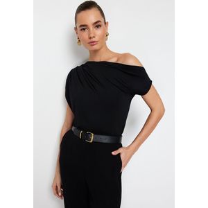 Trendyol Khaki Regular/Normal Fit Asymmetrische Halslijn Zero Sleeve Stretchy Gebreide Blouse Met Drukknopen Twoss24Bz00396