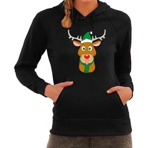 Rudolf met Kerstmuts foute Kerst hoodie / hooded sweater - zwart - dames - Kerstkleding / Kerst outfit XS