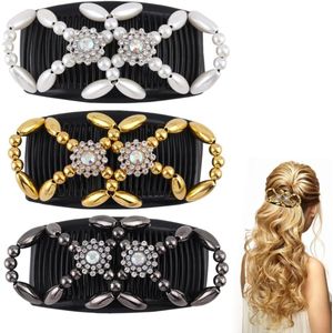 3 Stuks Haarkam - Elastische Parels - Haarkam om in te steken - Dubbele Rekbare Kam voor Doe-het-zelf Haarstyling - Magie en Elastische Haarspelden