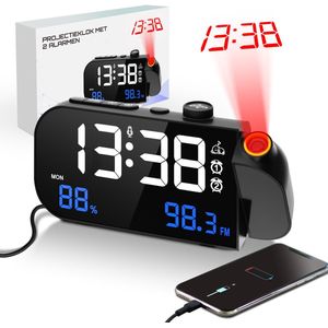 TM&DY - Digitale Wekkerradio met Projectie - Met Spraakbesturing, FM, Temperatuur & Luchtvochtigheid – Dimbaar LED Display & Dubbele Alarmfunctie - Wekkers Digitaal - Wekker met Projectie op Plafond - Projectiewekker - Projectieklok