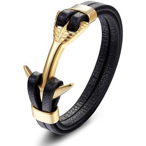 Victorious Leren Armband Heren – RVS Roestvrij Staal – Goud Anker – Zwart/Goud – 22cm