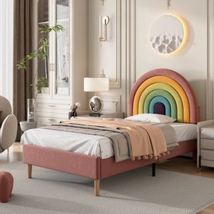 Gestoffeerd bed 90*200, met lattenbodem en hoofdeinde, jeugdbed, voor volwassenen & tieners, houten lattenbodem, eenvoudige montage, in hoogte verstelbaar hoofdeinde, fluweel, roze