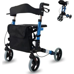 Lichtgewicht opvouwbare rollator met verstelbare handgrepen en zitvlak in lichtblauw