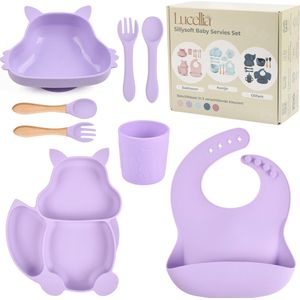 Lucellia® Siliconen babyservies set – 8 Delig Eekhoorn Paars – Kinderservies set – Kinderbord- Kom – Met Zuignap– Kinderbestek – Babybestek – Slabbetjes – Baby drinkbeker - Kraamcadeau meisje– Babyshower cadeau – Baby spullen