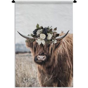 Wandkleed Schotse HooglanderKerst illustraties - Schotse hooglander in een weiland Wandkleed katoen 60x90 cm - Wandtapijt met foto