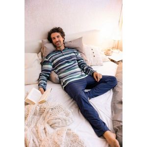 Horizontaal blauw gestreepte Hajo herenpyjama - Blauw - Maat - 54