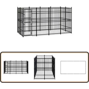 vidaXL Hondenkennel - 7,37 m² - Staal - Zwart Hondenkennel - Hondenhok - Buitenkennel - Metalen Hondenkennel - Grote Hondenkennel