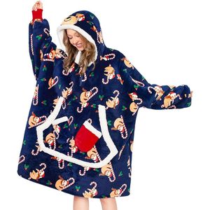 Oversized Hoodie Deken met Mouwen & Capuchon – Extra Warm en Comfortabel – Unisex Loungewear met Grote Zak – Donkerblauw met Kerst print