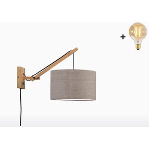 Wandlamp met Korte Arm - ANDES - Naturel Bamboe - Donker Linnen - Met LED-lamp