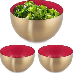 Relaxdays 3x saladeschaal - 1 liter - rood - saladekom - mengkom - rvs - bakken - serveren