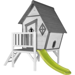 AXI Beach Cabin XL Speelhuis in Grijs/Wit - Met Verdieping en Limoen Groene Glijbaan - Speelhuisje voor de tuin / buiten - FSC hout - Speeltoestel voor kinderen